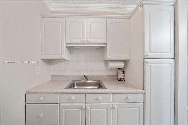 kitchen with sink, backsplash, white cabinetry, and crown molding