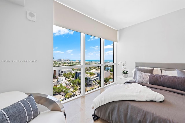 bedroom with expansive windows and a water view