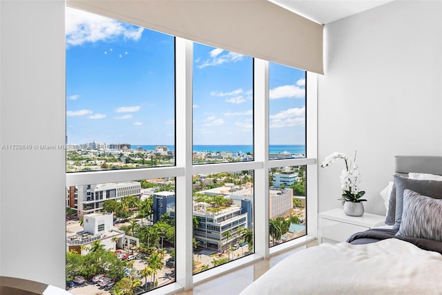 bedroom with a water view and floor to ceiling windows