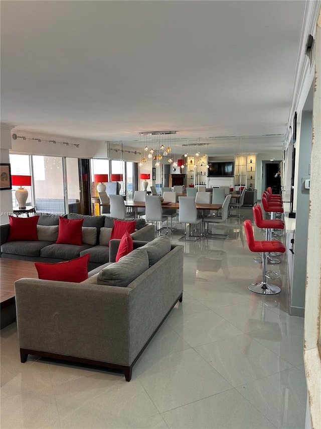 living room featuring light tile patterned floors