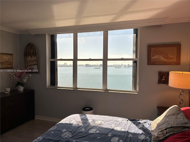 bedroom featuring wood-type flooring, ornamental molding, and a water view