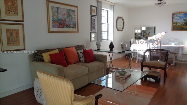 living room featuring dark wood-type flooring