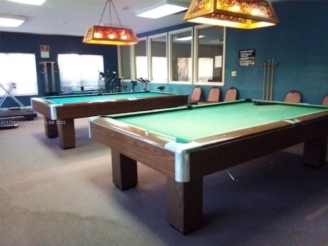 rec room featuring pool table and carpet