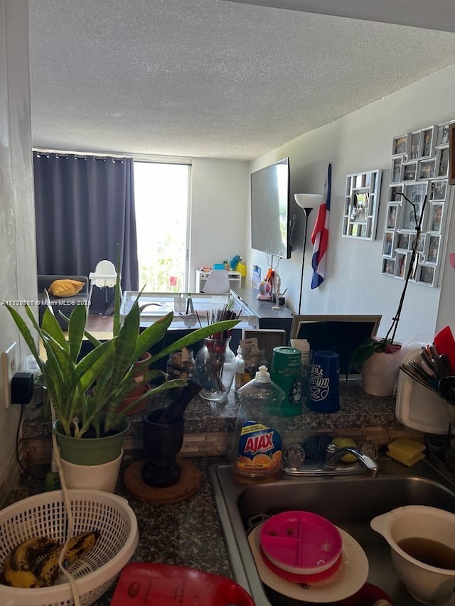 living room featuring sink and a textured ceiling