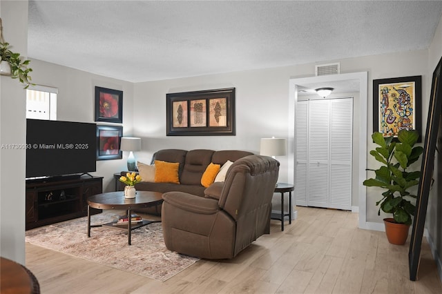 living room featuring light hardwood / wood-style floors and a textured ceiling