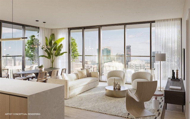 bedroom featuring light hardwood / wood-style flooring, a wall of windows, and access to outside