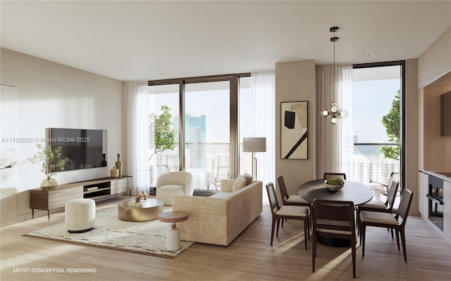 living room with light hardwood / wood-style floors and floor to ceiling windows