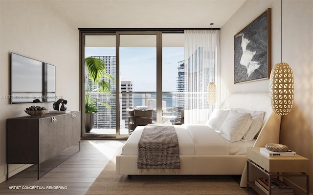 bedroom with access to exterior, a water view, light hardwood / wood-style flooring, and multiple windows