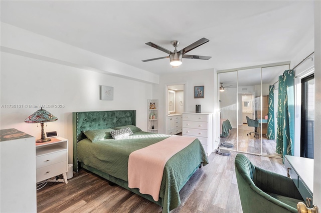 bedroom featuring a closet, ceiling fan, and wood-type flooring