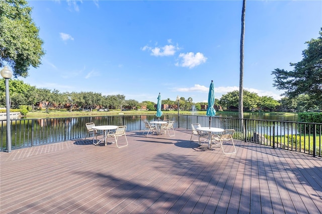 view of dock with a deck with water view