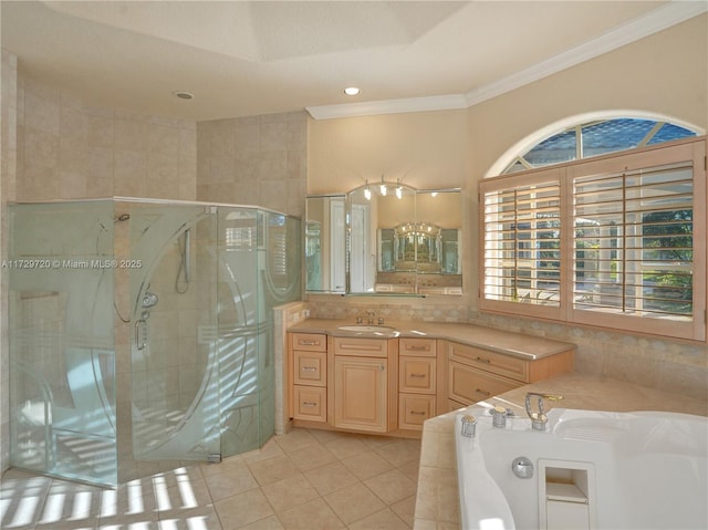 bathroom with vanity, tile patterned floors, crown molding, and plus walk in shower