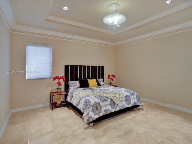 bedroom featuring a tray ceiling and crown molding