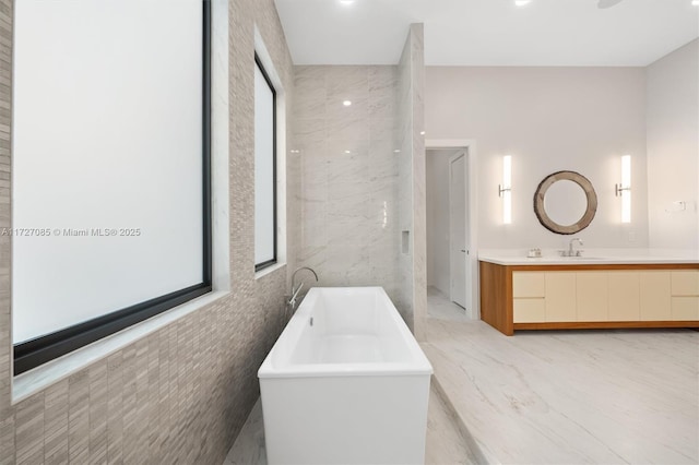 bathroom with vanity, a tub, tile walls, and plenty of natural light