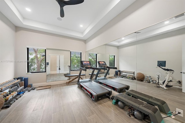 workout room featuring light hardwood / wood-style floors, a raised ceiling, and ceiling fan