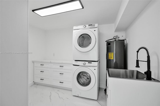 washroom with stacked washer and clothes dryer, sink, and water heater