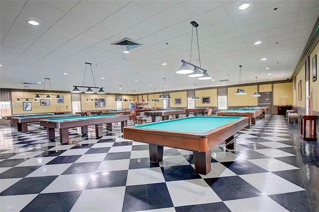 rec room with dark floors, visible vents, and billiards