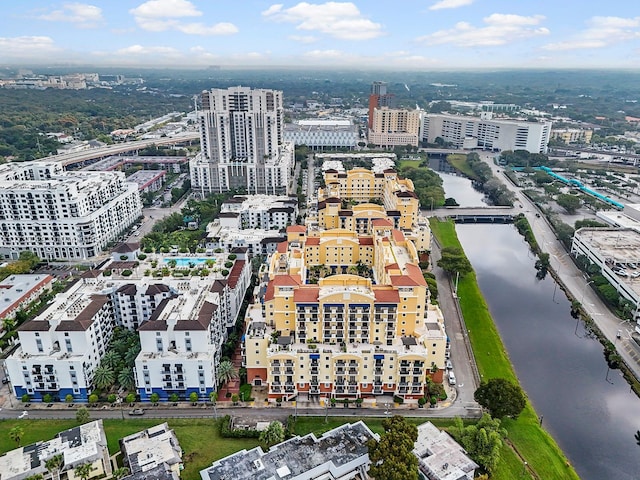 drone / aerial view featuring a water view