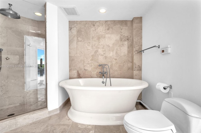 bathroom featuring separate shower and tub, tile walls, and toilet