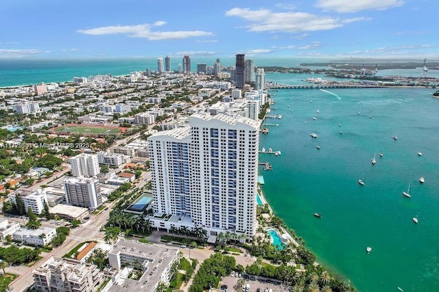 bird's eye view with a water view