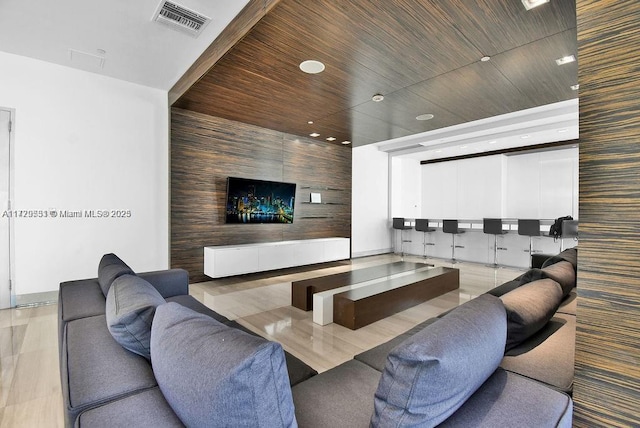 living room with wooden ceiling