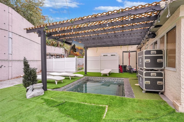 view of pool featuring a lawn and a pergola