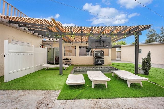 exterior space with a lawn and a pergola