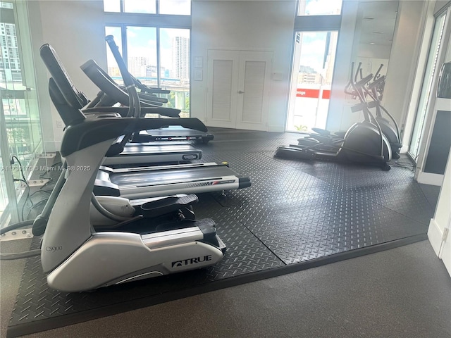 workout area featuring a view of city and a wealth of natural light
