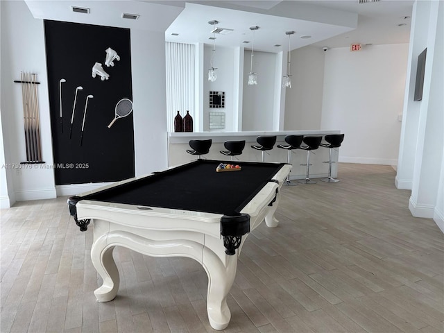 rec room with baseboards, visible vents, pool table, and light wood-type flooring