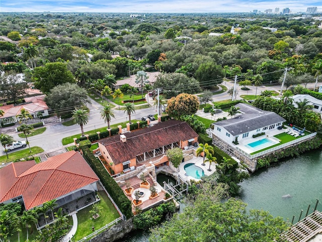 drone / aerial view with a water view