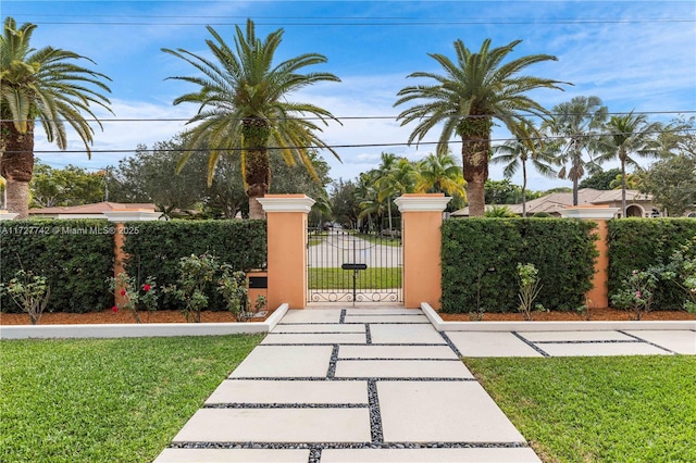 view of gate featuring a yard