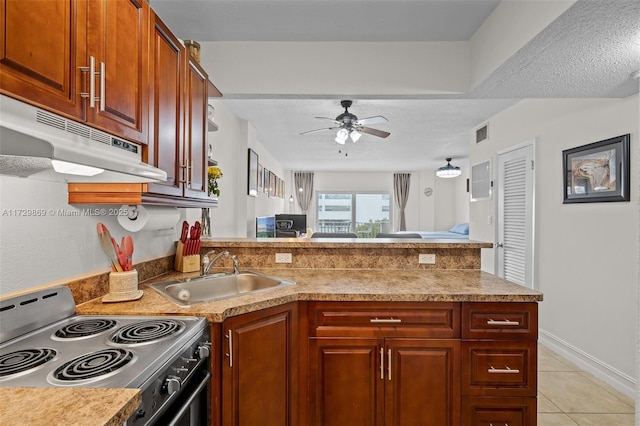 kitchen with ceiling fan, sink, black / electric stove, light tile patterned flooring, and a textured ceiling