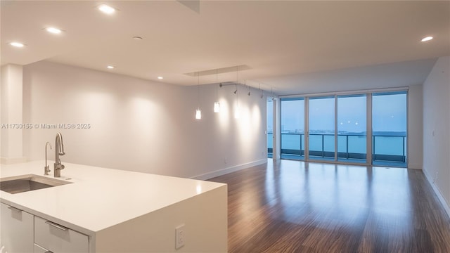 kitchen with white cabinetry, sink, pendant lighting, dark hardwood / wood-style flooring, and a center island with sink