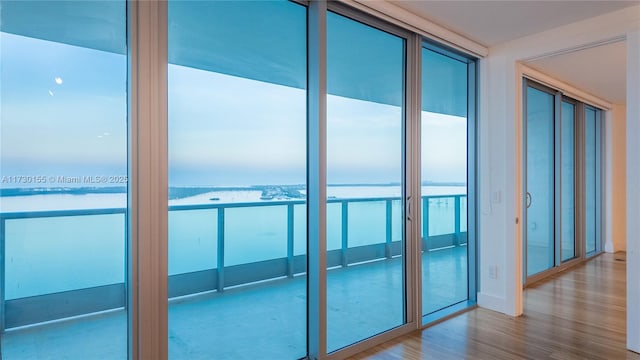 interior space featuring a water view