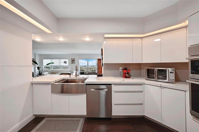 kitchen featuring stainless steel appliances, white cabinetry, sink, and dark hardwood / wood-style floors