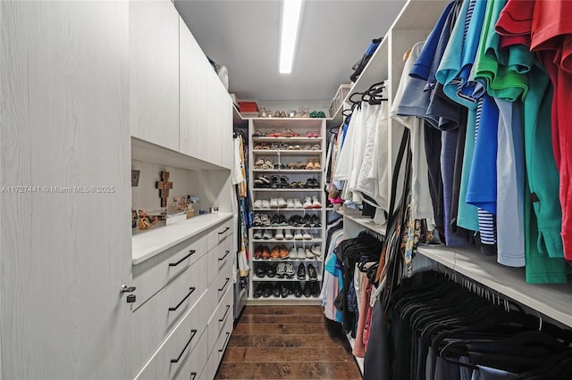 walk in closet with dark hardwood / wood-style floors