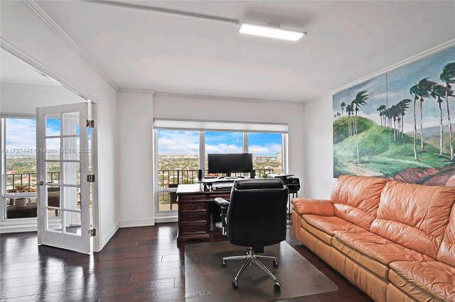 home office featuring dark hardwood / wood-style flooring, ornamental molding, and french doors