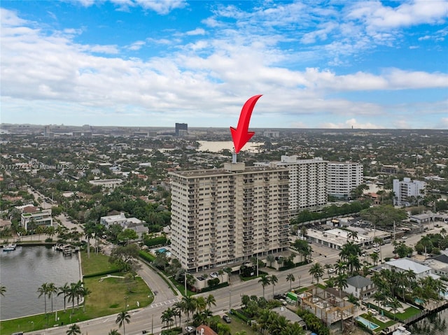 birds eye view of property featuring a water view