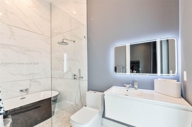 bathroom with vanity, toilet, walk in shower, and tile walls