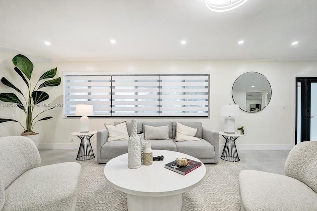 living room with crown molding