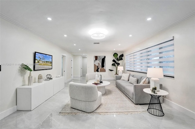 living room featuring crown molding