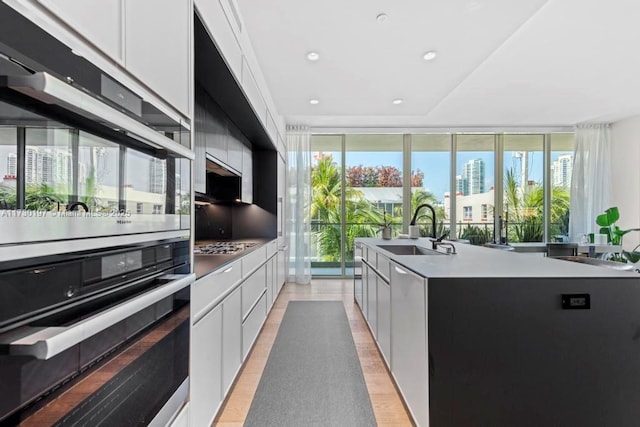 kitchen with a wealth of natural light, sink, a center island with sink, and white cabinets