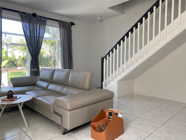 living room featuring light tile patterned floors