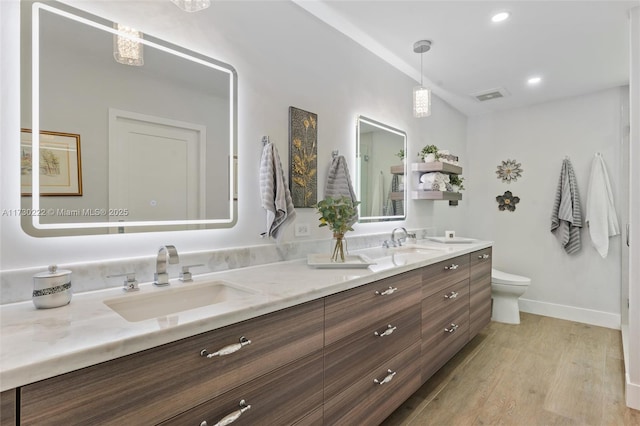 bathroom with wood-type flooring, vanity, and toilet