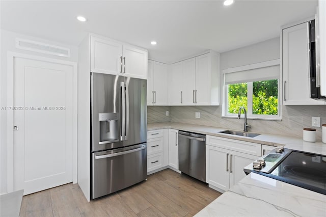 kitchen with sink, appliances with stainless steel finishes, white cabinetry, backsplash, and light hardwood / wood-style floors