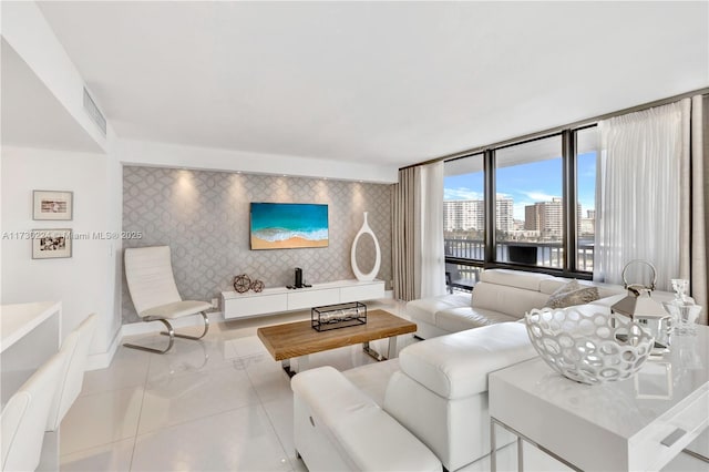 living room with light tile patterned floors