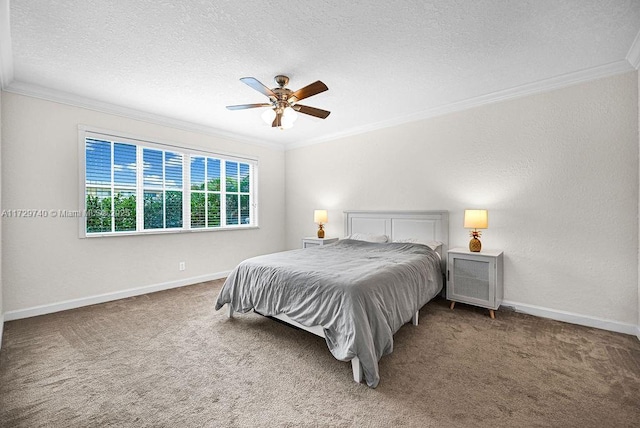 carpeted bedroom with ceiling fan, crown molding, and a textured ceiling