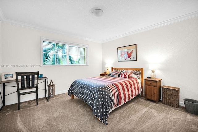 bedroom featuring carpet and crown molding