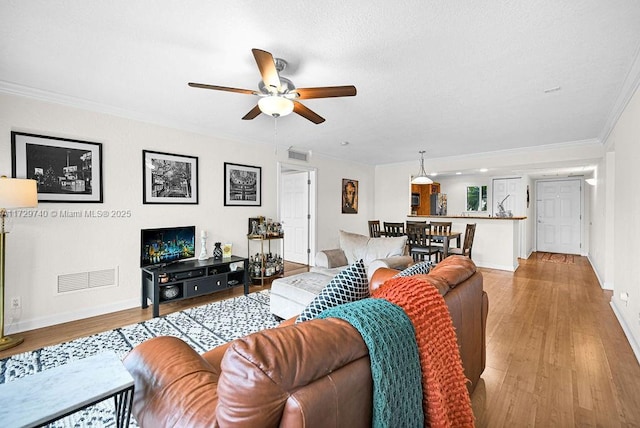 living room with light wood-type flooring, ceiling fan, and ornamental molding