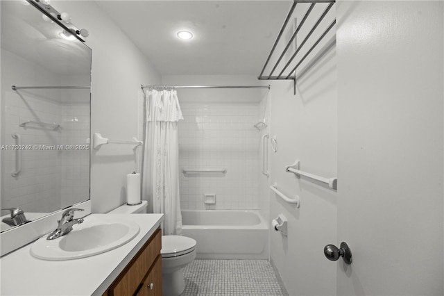 full bathroom with toilet, tile patterned flooring, shower / bathtub combination with curtain, and vanity