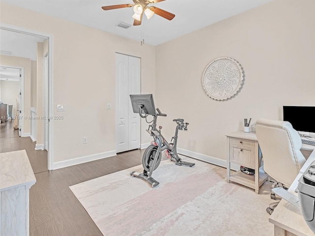 workout room featuring wood-type flooring and ceiling fan